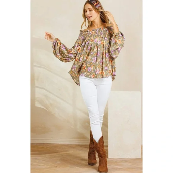 GREEN LONG SLEEVE OFF SHOULDER SMOCK FLORAL TUNIC TOP - Picture 3 of 3